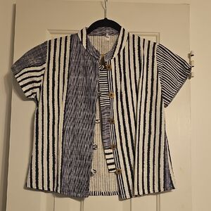 Navy Striped Button-Up Short Sleeve Shirt